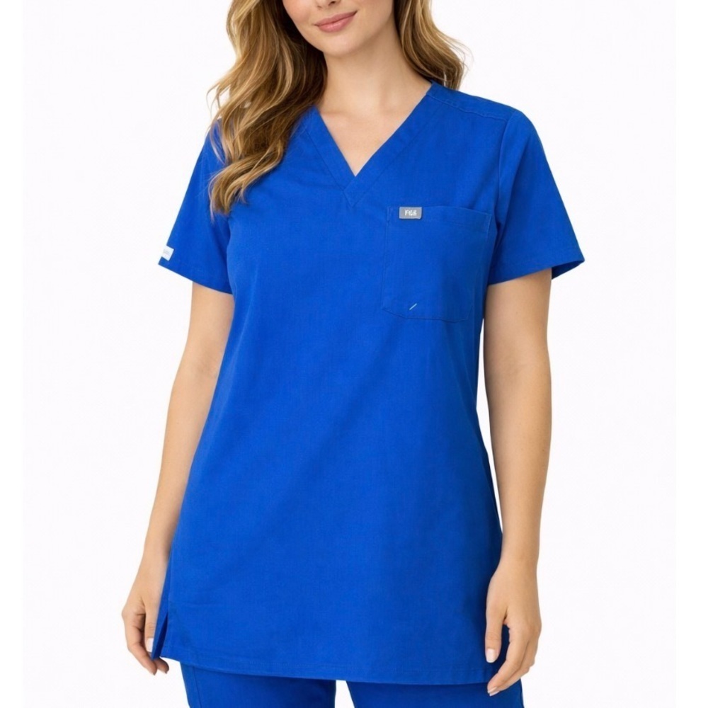 FIGS women's scrub top blue chest pocket SZ SM - small stain